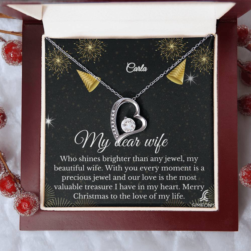 Give your loved one a special gift with this beautiful My Dear Wife Holiday Collection Forever Love Necklace. Crafted with exquisite and durable materials, this necklace is a timeless symbol of love. It's made even more meaningful with a customizable jewelry card. Celebrate the holiday season with this perfect gift.