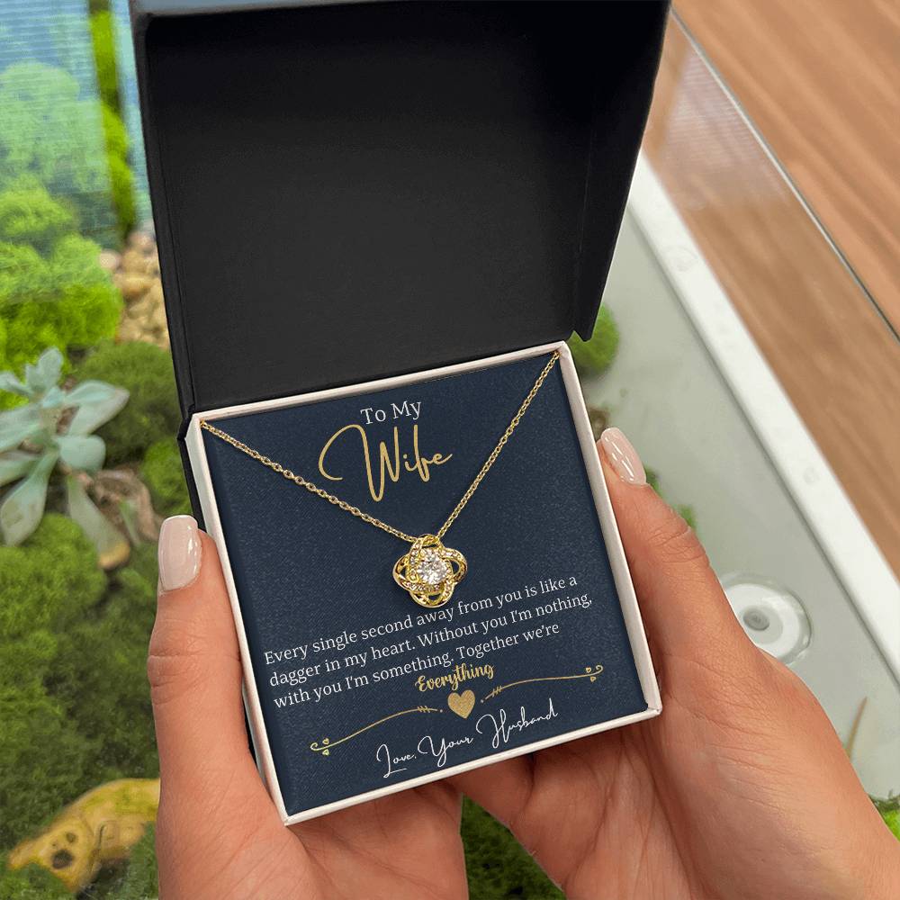 Express your everlasting love for your wife with the To My Wife- We're Everything love knot necklace. Let every second away from her remind you of how she completes you. Together, you are more than just something, you are everything.