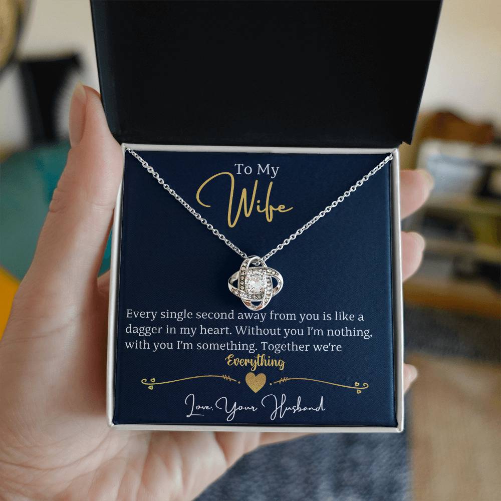 Express your everlasting love for your wife with the To My Wife- We're Everything love knot necklace. Let every second away from her remind you of how she completes you. Together, you are more than just something, you are everything.