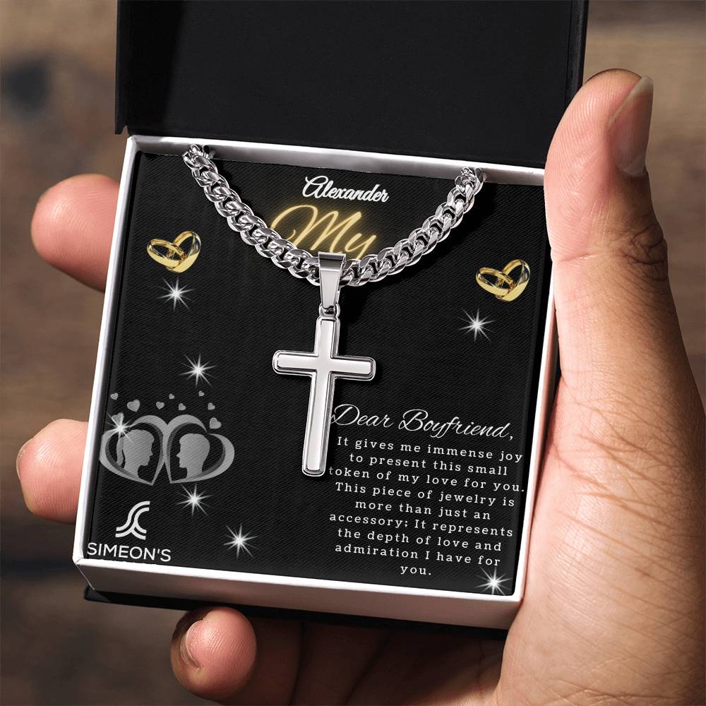 This holiday, gift your special someone with the Dear Boyfriend Holiday collection Cuban Chain with Artisan Cross Necklace. Crafted with quality premium materials, this special necklace comes with a customizable jewelry card, perfect for adding a personal touch.