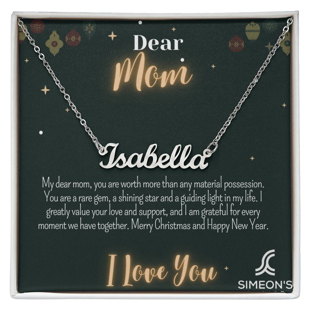 Show your Mom how much you love her this holiday with this one-of-a-kind Personalized Name Necklace. Perfectly complement your necklace with a jewelry card message for added sentimentality. Show her that your love is timeless with this unique gift.