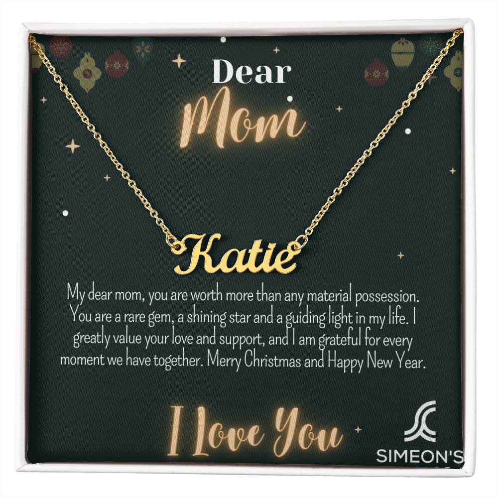 Show your Mom how much you love her this holiday with this one-of-a-kind Personalized Name Necklace. Perfectly complement your necklace with a jewelry card message for added sentimentality. Show her that your love is timeless with this unique gift.