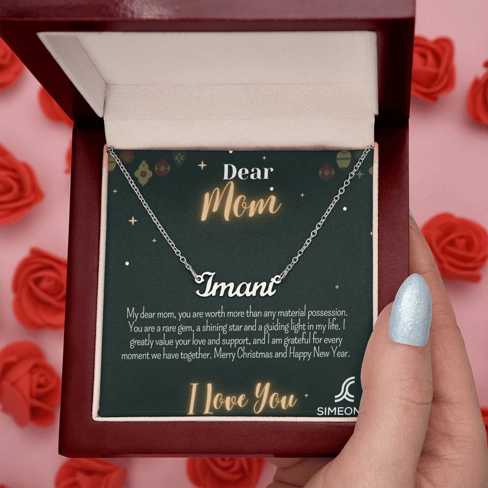 Show your Mom how much you love her this holiday with this one-of-a-kind Personalized Name Necklace. Perfectly complement your necklace with a jewelry card message for added sentimentality. Show her that your love is timeless with this unique gift.