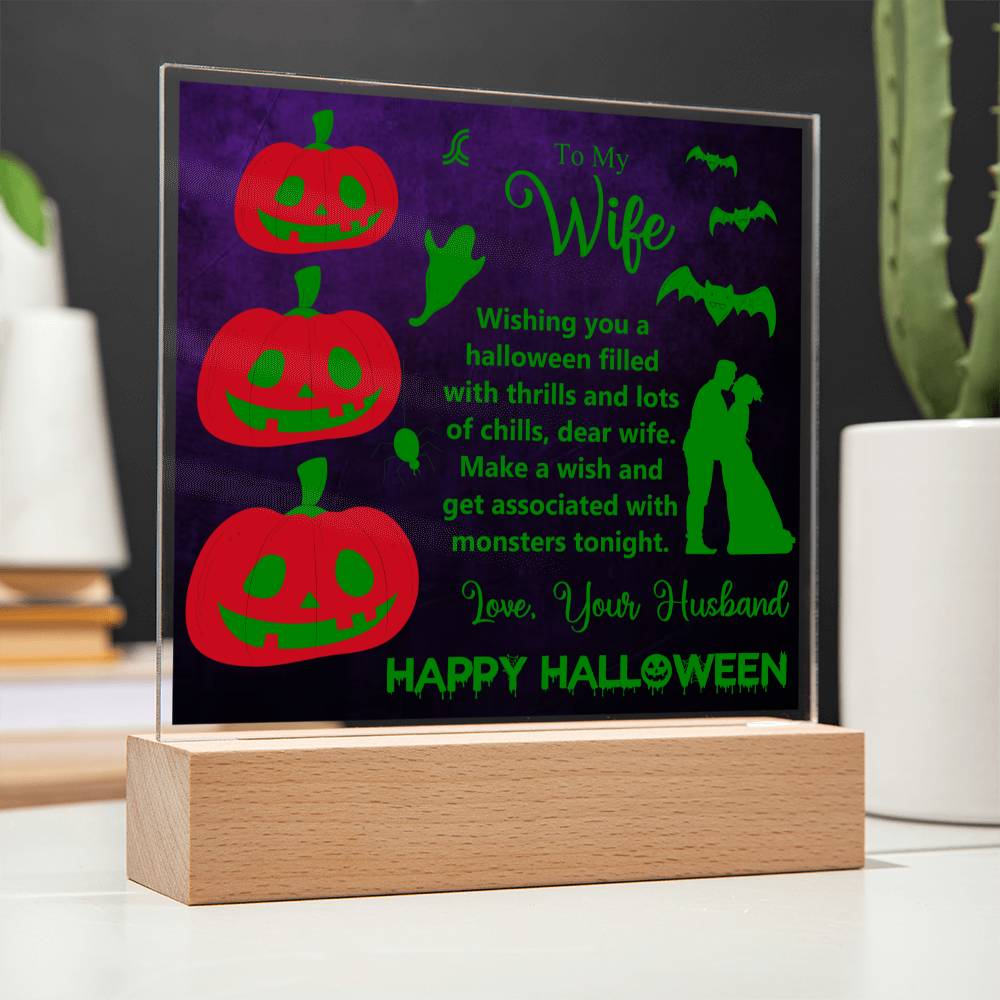 Cast a spell on your special gal this Halloween with 'Halloween Love: To My Wife' plaque! Spice up your Halloween decor and let your special someone know how much you care with this hauntingly heartfelt gift! (You'll have her howling with delight!)