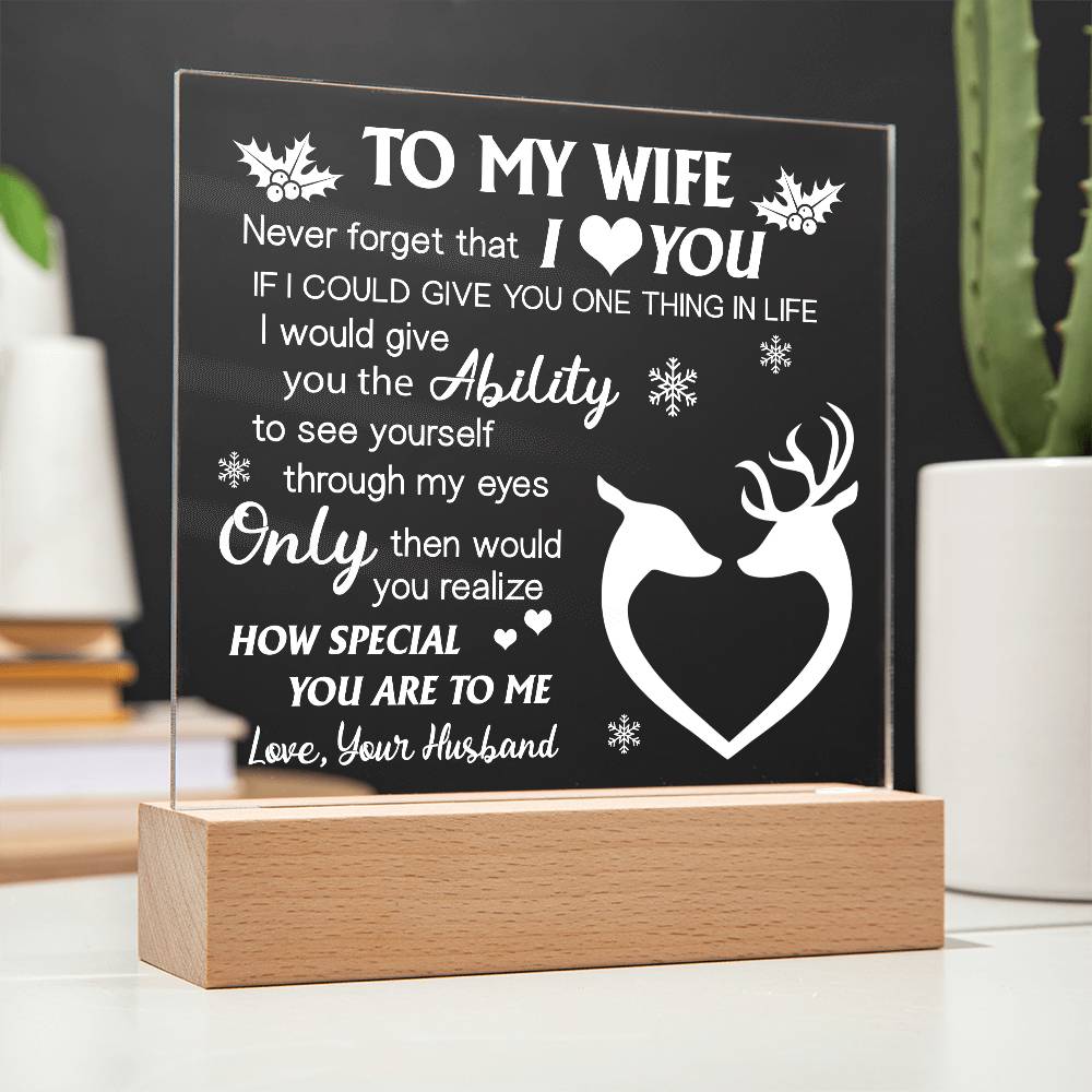 This beautiful "To My Wife I Love You" Acrylic Plaque is perfect for expressing your love to your special someone. Its design is simple yet elegant, making it a wonderful addition to any home decor. The plaque is designed with clear acrylic, bringing a classic and timeless look to your walls.