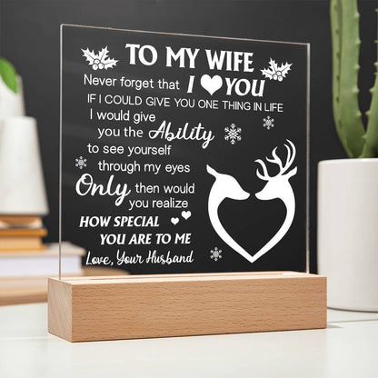 This beautiful "To My Wife I Love You" Acrylic Plaque is perfect for expressing your love to your special someone. Its design is simple yet elegant, making it a wonderful addition to any home decor. The plaque is designed with clear acrylic, bringing a classic and timeless look to your walls.