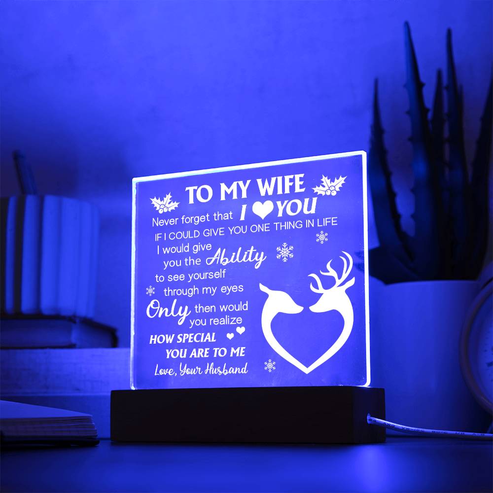 This beautiful "To My Wife I Love You" Acrylic Plaque is perfect for expressing your love to your special someone. Its design is simple yet elegant, making it a wonderful addition to any home decor. The plaque is designed with clear acrylic, bringing a classic and timeless look to your walls.