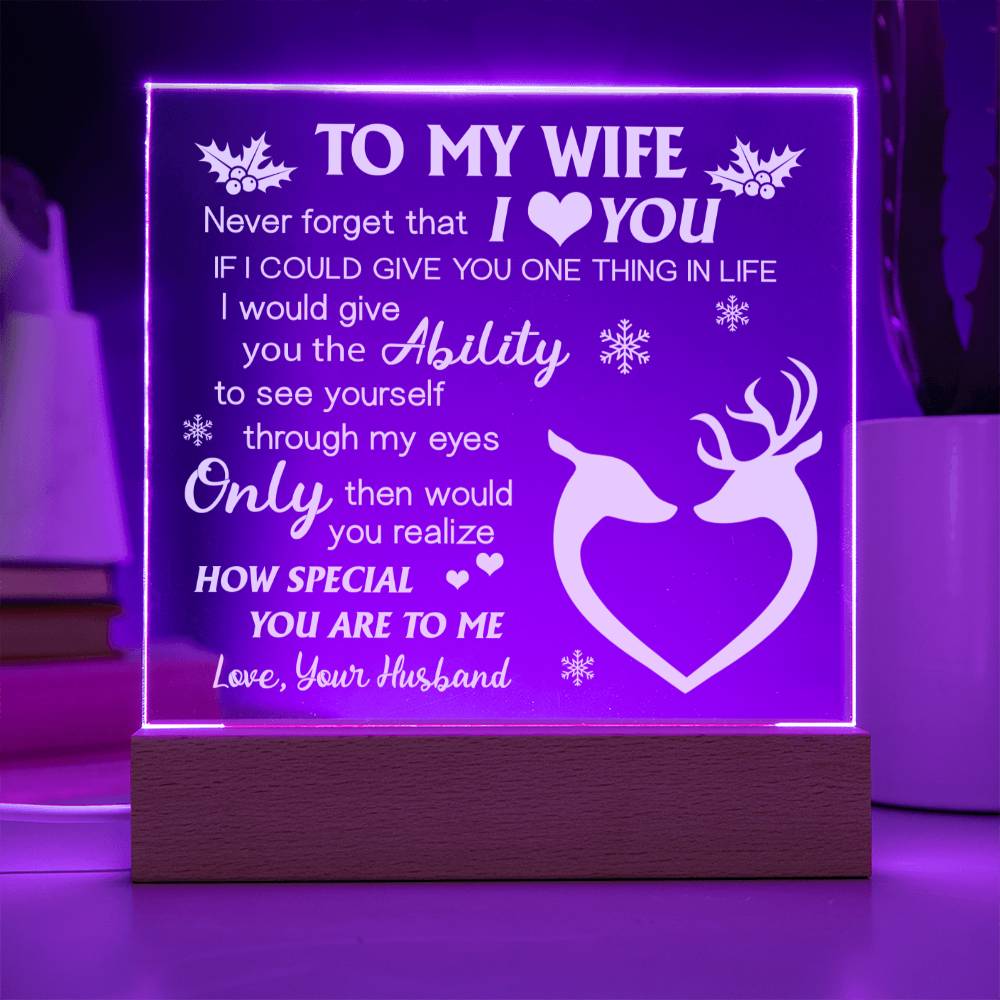 This beautiful "To My Wife I Love You" Acrylic Plaque is perfect for expressing your love to your special someone. Its design is simple yet elegant, making it a wonderful addition to any home decor. The plaque is designed with clear acrylic, bringing a classic and timeless look to your walls.