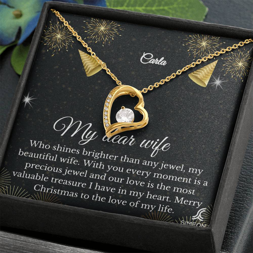 Give your loved one a special gift with this beautiful My Dear Wife Holiday Collection Forever Love Necklace. Crafted with exquisite and durable materials, this necklace is a timeless symbol of love. It's made even more meaningful with a customizable jewelry card. Celebrate the holiday season with this perfect gift.